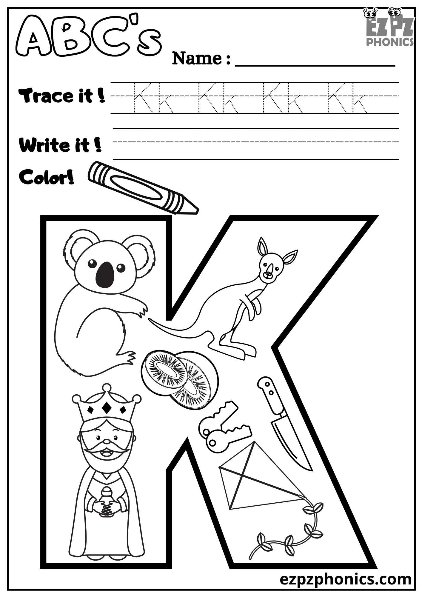 Letter K Trace, Write, and Color 